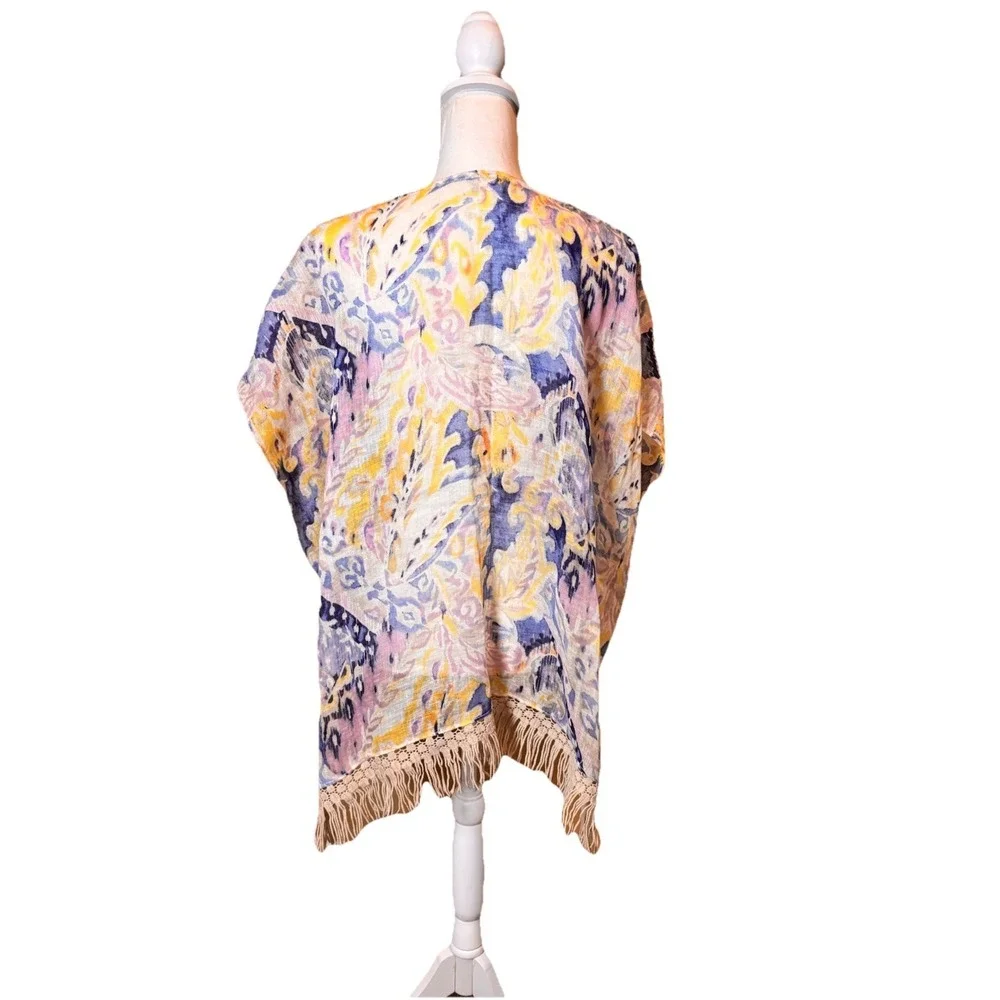 Chico's Linen Swim‎ Cover Up S/M Paisley Print Fringe Hem Beach Tunic Boho